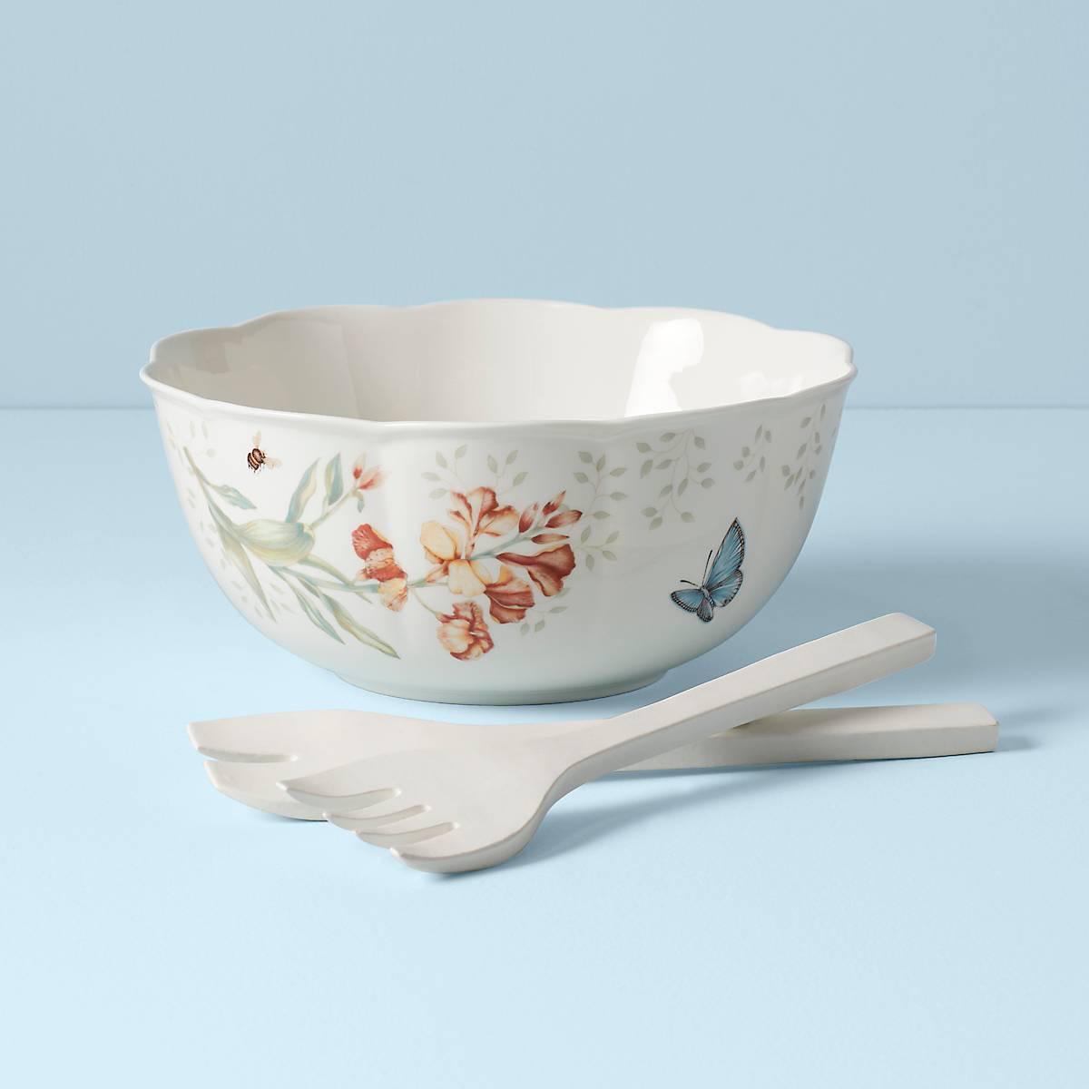 Floral Salad Bowl with Wood Servers - Image 2