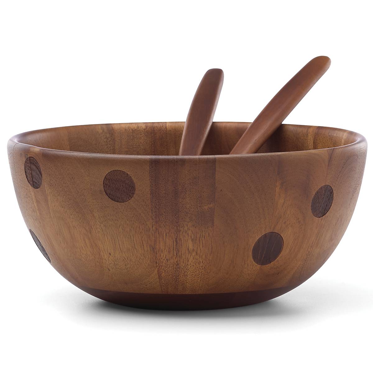 Polka Dot Acacia Wood Salad Bowl with Servers - Image 2