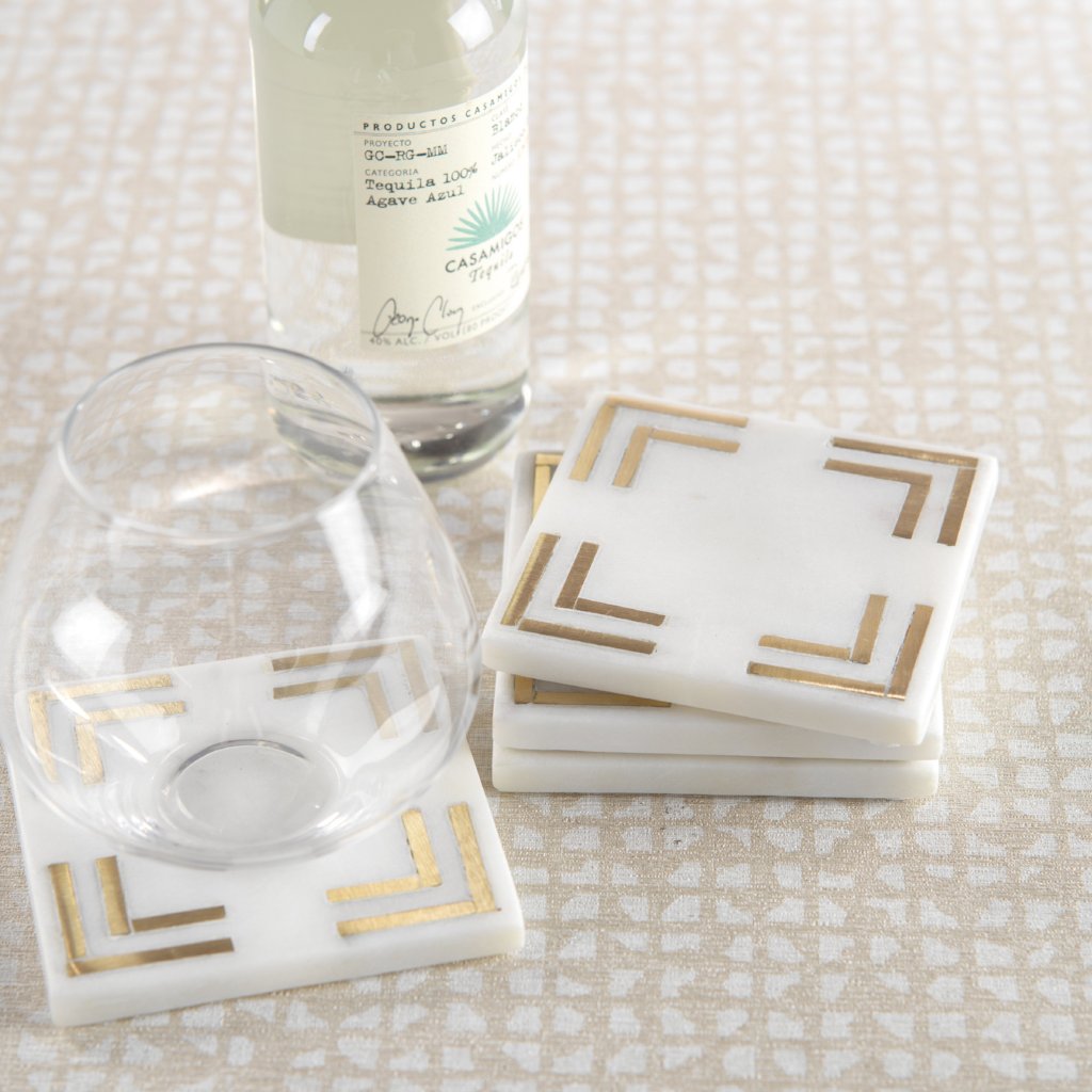 White Marble Square Coasters with Brass Inlay - Set of 4